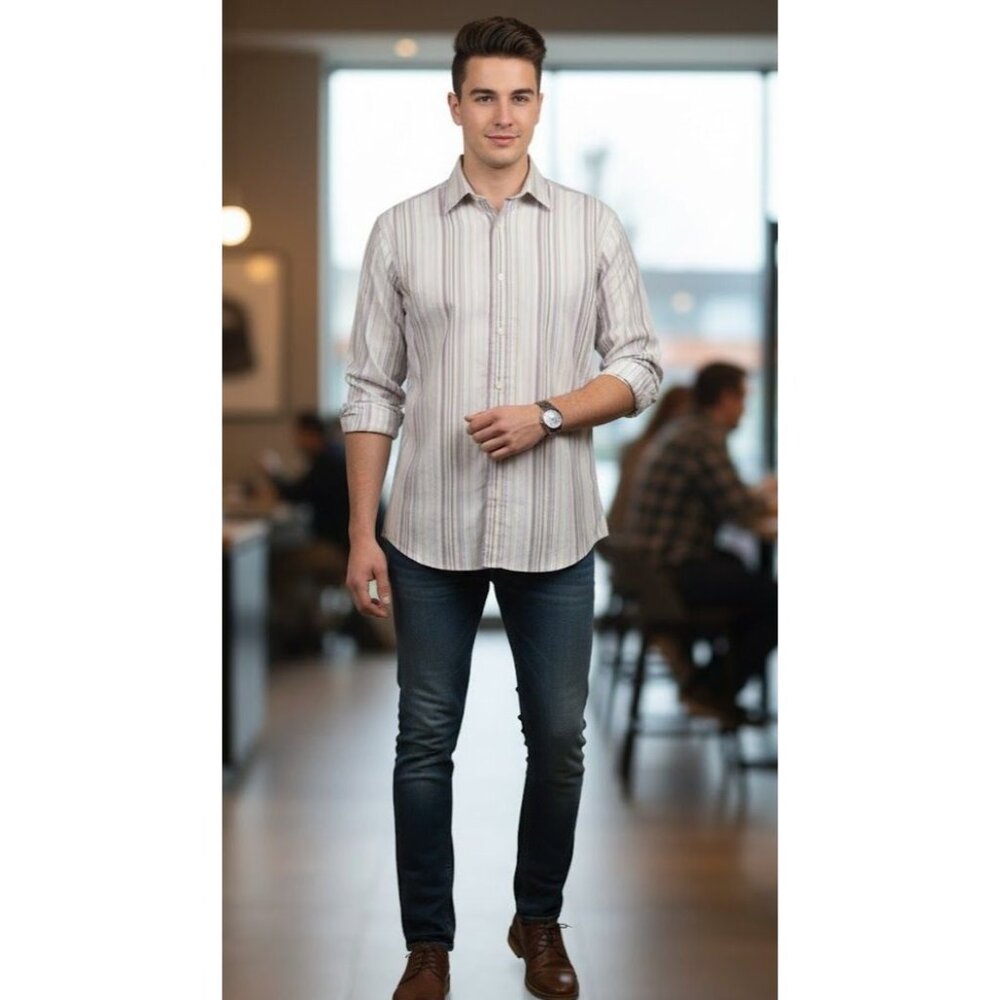 Eddie Bauer Stain-Resistant Wrinkle-Resistant Striped Button-Up Long Sleeve Shir